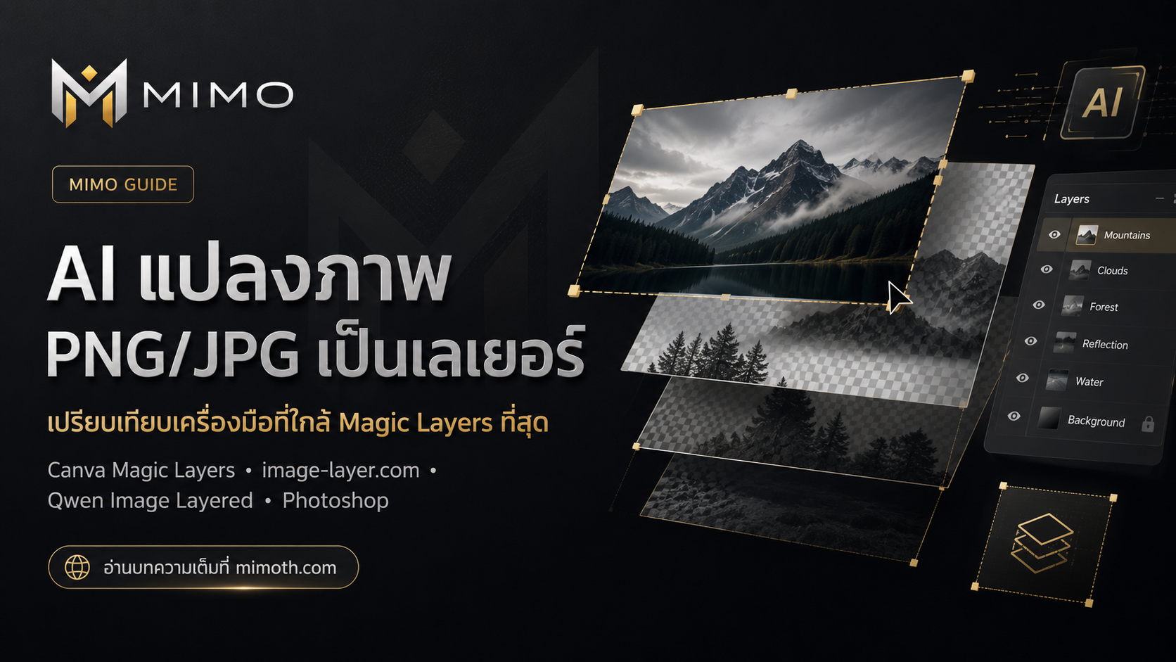 AI แปลงภาพ PNG JPG เป็นเลเยอร์แก้ไขได้ เปรียบเทียบ Canva Magic Layers Photoshop Qwen และ image-layer.com
