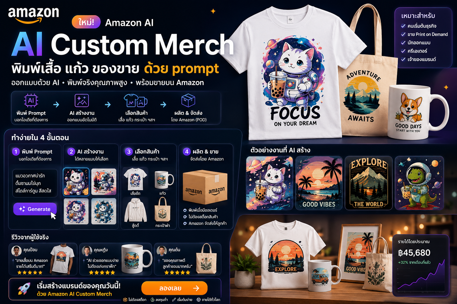 รีวิว Amazon AI Custom Merch ออกแบบเสื้อ แก้ว กระเป๋า ด้วย AI prompt แล้วขายบน Amazon แบบ Print on Demand